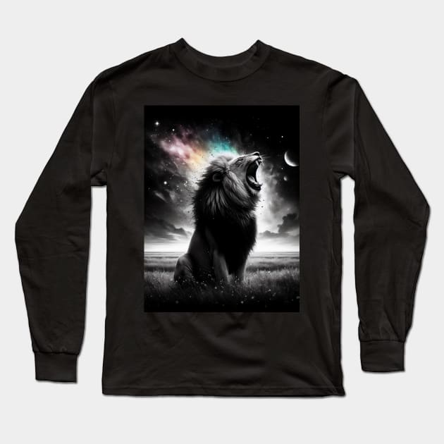 Monochromatic Lion Within Rainbow Color Splash Long Sleeve T-Shirt by TomFrontierArt